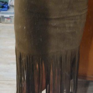 Mora  Brown Skirt Fringe Hem Zip Up Skirt, Casual Asymmetrical Small